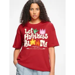 Bewakoof Women's Bold Red Let Happiness Bloom Graphic Printed Oversized T-Shirt-picture-20