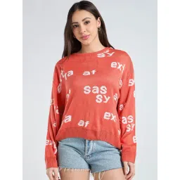 Bewakoof Women's Hot Coral Pink All Over Printed Oversized Sweater-picture-39