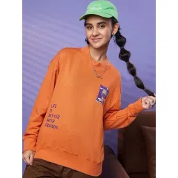 Bewakoof Women's Orange Life Better Graphic Printed Oversized Sweatshirt-picture-12