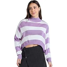 bewakoof Women's Striped Oversized Fit Full Sleeve Round Neck Acrylic Sweater_680214_White_XL-picture-13