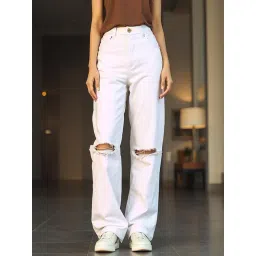 Bewakoof Women's White Baggy Distressed Wide Leg Jeans-picture-36