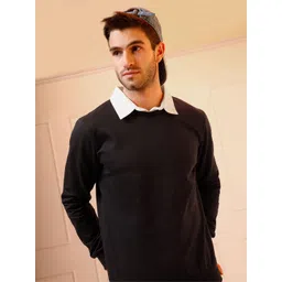 Beyoung Men Round Neck Long Sleeves Black Faux Collar Cotton Pullover Sweatshirt-picture-30