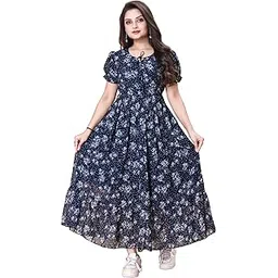 bhadani Women's Printed Georgette Regular Fit Round Neck Short Sleeve Fancy Flare Long Dress-picture-56