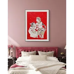 BHARAT ART BAZAAR | Handmade Painting of Radha Krishna in Red Background Adorned with Gold Mirrors | 12"x18"-picture-28