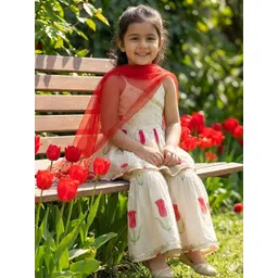 Bholukart Girls Floral Printed Empire Raw Silk Kurta with Sharara & With Dupatta-picture-21