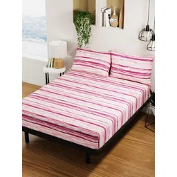 BIANCA Coral Pink & White Striped Pure Cotton 144 TC Queen Bedsheet with 2 Pillow Covers image 1