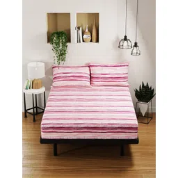 BIANCA Coral Pink & White Striped Pure Cotton 144 TC Queen Bedsheet with 2 Pillow Covers image 2