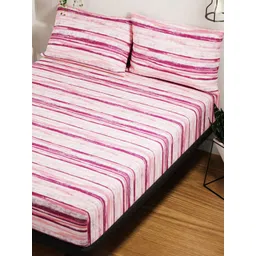 BIANCA Coral Pink & White Striped Pure Cotton 144 TC Queen Bedsheet with 2 Pillow Covers image 3