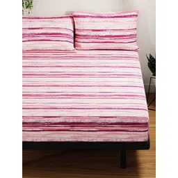 BIANCA Coral Pink & White Striped Pure Cotton 144 TC Queen Bedsheet with 2 Pillow Covers image 4