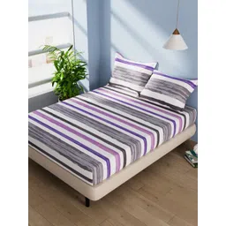 BIANCA Grey & White Striped Cotton 144 TC Queen Bedsheet with 2 Pillow Covers-picture-17