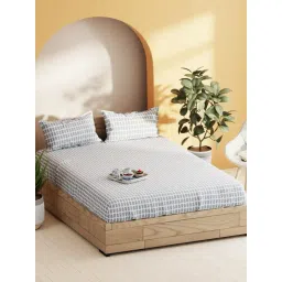 Bianca Indigo & Ecru Cotton Floral 144 TC Double Bedsheet with 2 Pillow Covers-picture-17