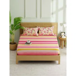 Bianca Lorenzo Beige & Pink Fabric 152 TC 120 GSM Double Fitted Bedsheet With 2 Pillow Covers-picture-44
