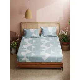 Bianca Ocean Blue Cotton Geometric 140 TC Double Bedsheet with 2 Pillow Covers-picture-20