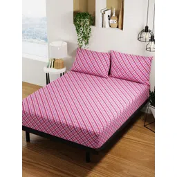 BIANCA Pink & Purple Checked Pure Cotton 144 TC Queen Bedsheet with 2 Pillow Covers-picture-37