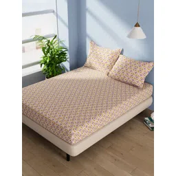 BIANCA Serina Mustard & Purple Ethnic Motifs Cotton 144TC Queen Bedsheet & 2 Pillow Covers-picture-38