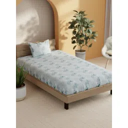Bianca Sienna Blue Cotton Floral 144 TC Single Flat Bedsheet with 1 Pillow Cover-picture-15