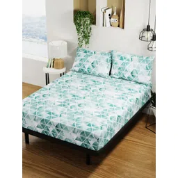 BIANCA Teal Green & White Geometric Pure Cotton 144 TC Queen Bedsheet with 2 Pillow Covers-picture-24