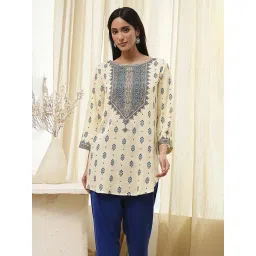 Biba Beige & Blue Rayon Printed Kurta-picture-14