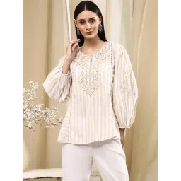 Biba Beige Cotton A-Line Striped Kurti-picture-20