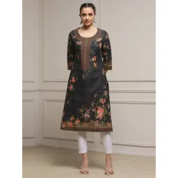 Biba Black Cotton Straight Fit Floral Print Kurta-picture-30