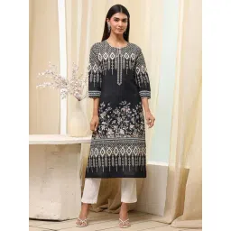 Biba Black Cotton Straight Fit Printed Kurtas-picture-35