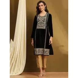 Biba Black Polyester Embroidered 3/4th Sleeve Kurta-picture-46