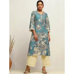 Biba Blue Cotton Printed A Line Kurta image 1