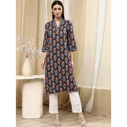 Biba Blue Cotton Straight Fit Floral Print Kurta-picture-20