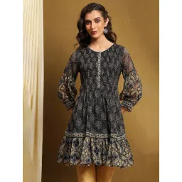 Biba Blue Polyester Printed 3/4th Sleeve Kurta image 1