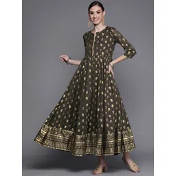 Biba Charcoal & Golden Ethnic Motifs Ethnic A-Line Maxi Dress-picture-32