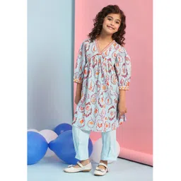 BIBA Cotton Three Fourth Sleeves Floral Printed Kurta With Solid Pant Set - Sky Blue-picture-12