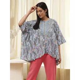 Biba Dull Blue Cotton Printed Kurta-picture-40