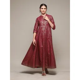 Biba Ethnic Motifs Printed Mandarin Collar Gathered Cotton Fit & Flare Maxi Ethnic Dress-picture-20