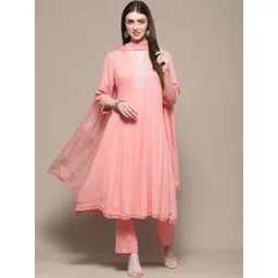 Biba Floral Embroidered Thread Work V-Neck Straight Kurta With Trousers & Dupatta-picture-12