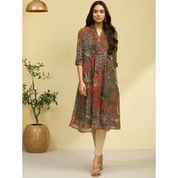 Biba Floral Printed Mandarin Collar Georgette A-Line Kurta-picture-13