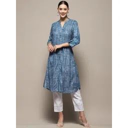 Biba Floral Printed Mandarin Collar Roll-Up Sleeves Silk A-Line Kurta-picture-14