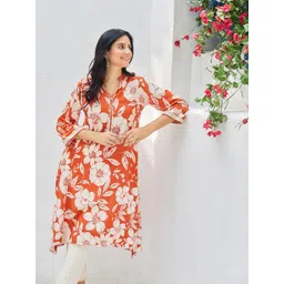 Biba Floral Printed Mandarin Collar Sequined Work Asymmetric A-Line Kurta-picture-10
