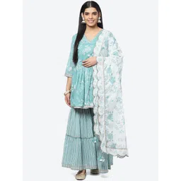 Biba Floral Printed Pleated Sequinned Voile Kurti with Sharara & With Dupatta-picture-19