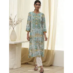 Biba Geometric Printed Keyhole Neck Straight Kurta-picture-32