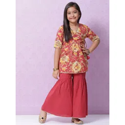 Biba Girls Red & Yellow Floral Print Angrakha Gotta Patti Pure Cotton Kurti with Sharara-picture-34