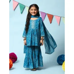 Biba Girls Teal Blue Cotton Flared Suit Set-picture-25