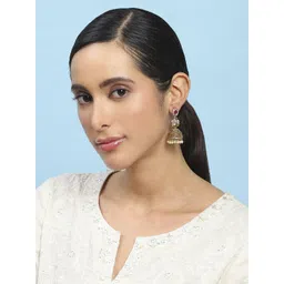 Biba Gold-Plated Artificial Stones Studded And Beads Dome Shaped Jhumkas-image-2