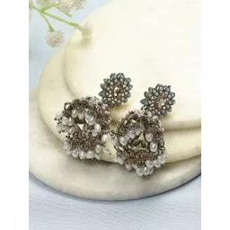 Biba Gold-Plated Dome Shaped Artificial Stones Studded and Beaded Jhumkas-image-23