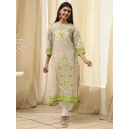 Biba Green Cotton Regular Fit Printed Kurta-picture-15