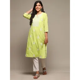 Biba Green Cotton Straight Fit Embroidered Kurta-picture-15