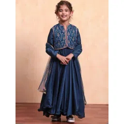 Biba Kids Teal Embellished Regular Fit Suit Set with Dupatta & Jacket-picture-17