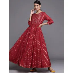 Biba Maroon & Golden Ethnic Motifs Printed Maxi Dress-picture-32