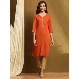 Biba Orange Rayon Solid 3/4th Sleeve Kurta-picture-23