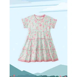 Biba Turquoise Girls Blue & Pink Floral Printed Tiered Cotton A-Line Dress-picture-19