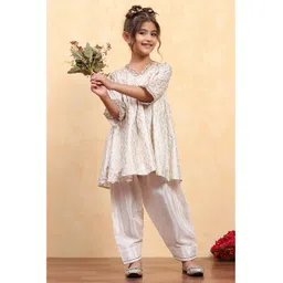 BIBA Viscose Rayon Woven Three Fourth Sleeves Ethnic Motifs Printed Kurti & Salwar Set - White-picture-13